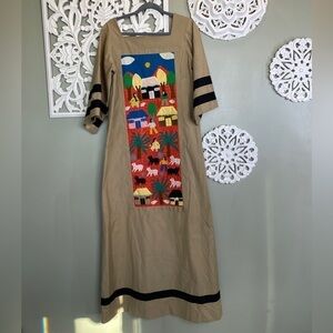 Vintage Eloise Design Tropical Village Scene Maxi Dress